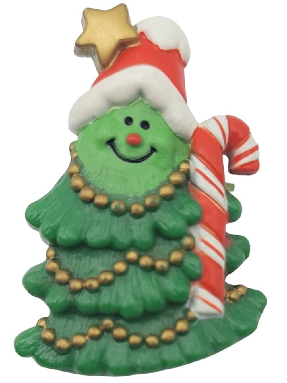Hallmark 1981 Green Plastic Santa Christmas Tree Candy Cane Pin